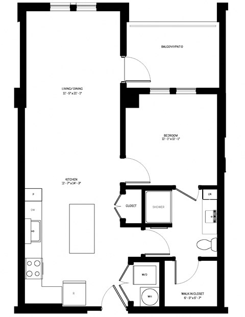 Floor plan for 1 bed, 1 bath, 775 sqft
